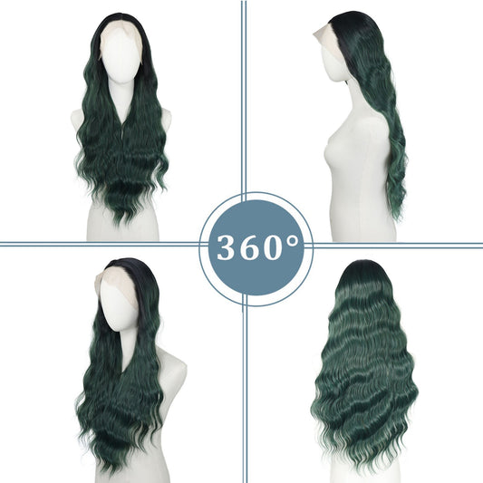 Ombre Dark Green Wavy Synthetic Wigs Dark Roots Cosplay 13x4 Lace Front Green Wig For Women Pre Plucked  Natural Hairline