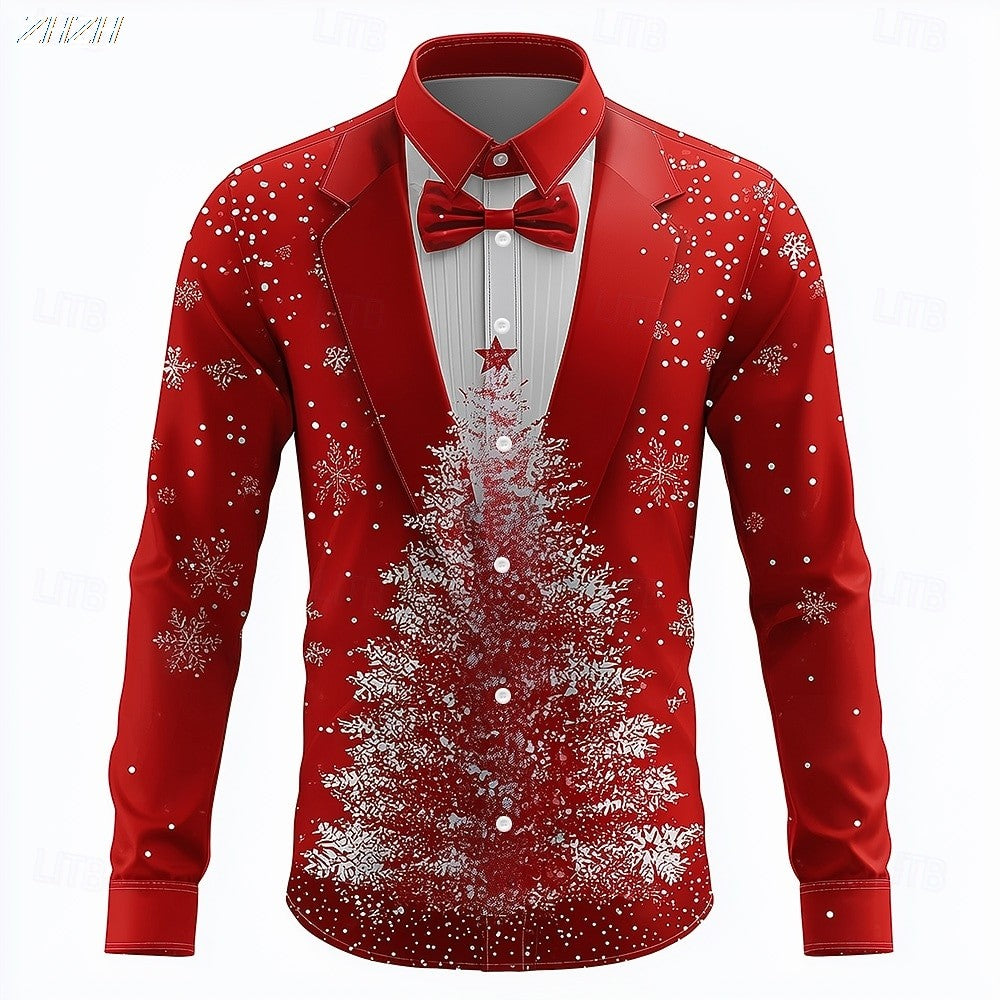 Men's Christmas Snowflake Tuxedo Shirt, 3D Printed Tie Design, Funny Costume Attire,Holiday Party Wear, Spring Fall Formal Style