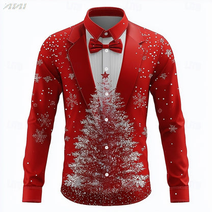 Men's Christmas Snowflake Tuxedo Shirt, 3D Printed Tie Design, Funny Costume Attire,Holiday Party Wear, Spring Fall Formal Style