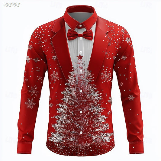 Men's Christmas Snowflake Tuxedo Shirt, 3D Printed Tie Design, Funny Costume Attire,Holiday Party Wear, Spring Fall Formal Style