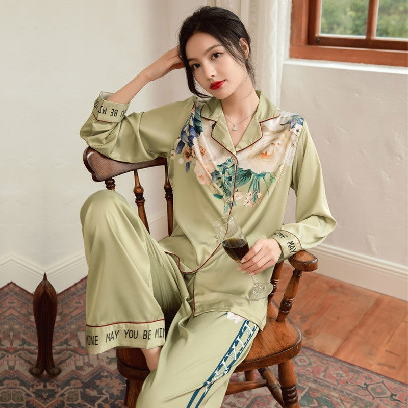 Lightweight Long-Sleeve Silk Pajamas Set for Young Girls French-Style Casual Homewear Nightwear Women's Comfortable Sleepwear