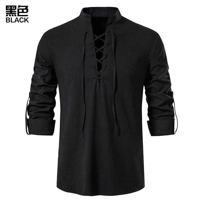 Men's Renaissance Shirt Pirate Medieval Viking top Cotton Linen Shirts Men Long Sleeved Halloween Costume
