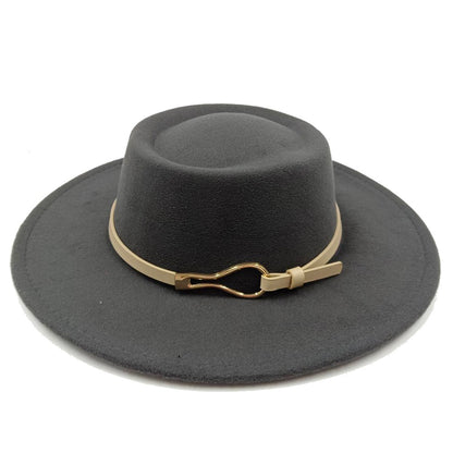 Acessórios femininos de fivela de couro metal com chapéu de feltro de pele com top côncavo e convexo, chapéu fedora e conjunto de bolsa combinando, estilo retrô