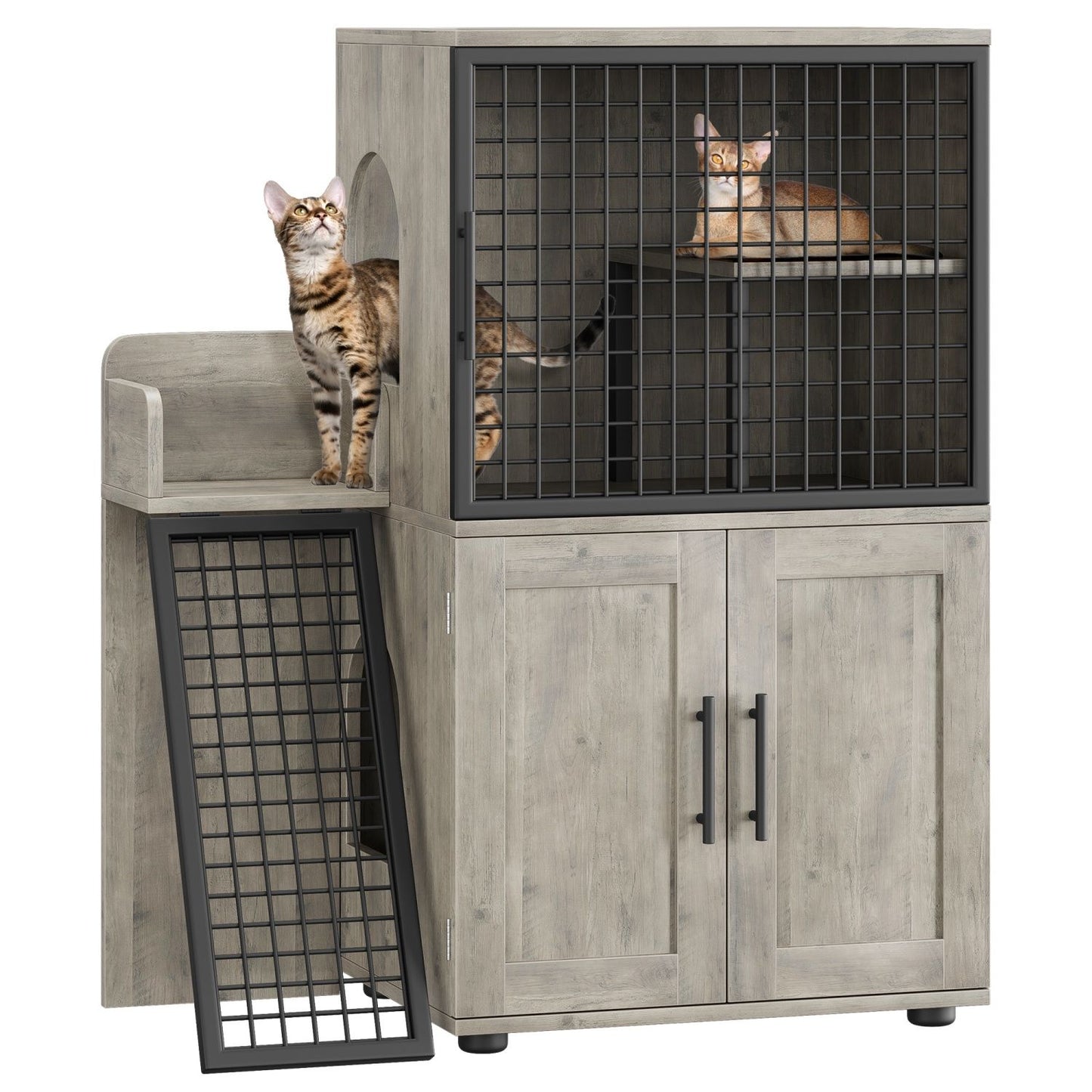 Caixa de Areia para Gatos Oculta com Plataforma, Móvel para Gatos de Camada Dupla, Móvel para Banheiro de Gatos, Casinha de Gatos com Escada