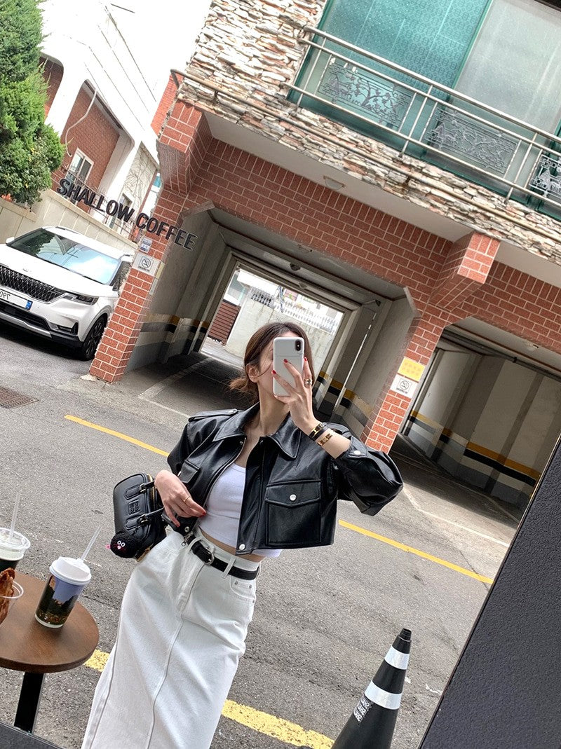 Women's Loose ort PU Leather Jaet Double ket Retro Collar Zipper Versatile Motorcycle Sle Top Trendy Commute Wind