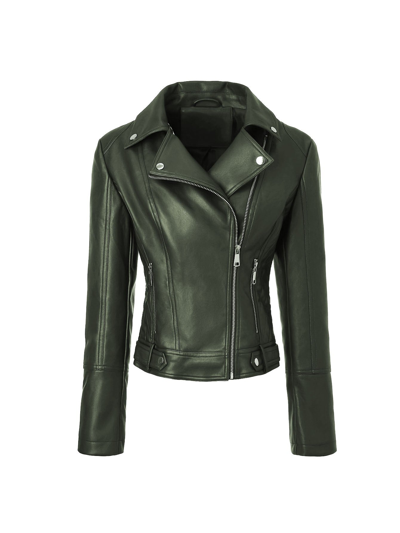 ? Biker Style Pu Leather Jacket for Women - Vegan Faux Motorcycle Jacket with Zipper & Buttons (Black/White/Red/Green)