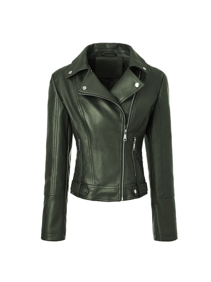 ? Biker Style Pu Leather Jacket for Women - Vegan Faux Motorcycle Jacket with Zipper & Buttons (Black/White/Red/Green)