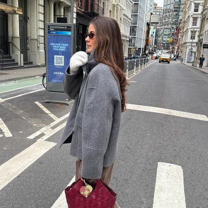 Elegant Stand Collar Woolen Jacket For Women Y2K Single Breasted Button Pockets Coat Lady 2025 Autumn Winter Street Chic Outwear