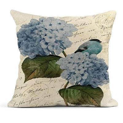 Summer Watercolor Blue Hydrangea Flowers and Birds Linen Pillow Cover Home Decoration Pillowcase Square Sofa Bed Cushion Cover