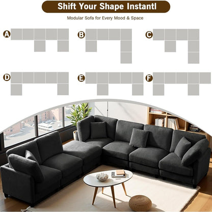 Luxury Oversized Chenille Sofa – 7-Seat Modular Sectional Cloud Couch with Movable Ottoman, Convertible for Living Room
