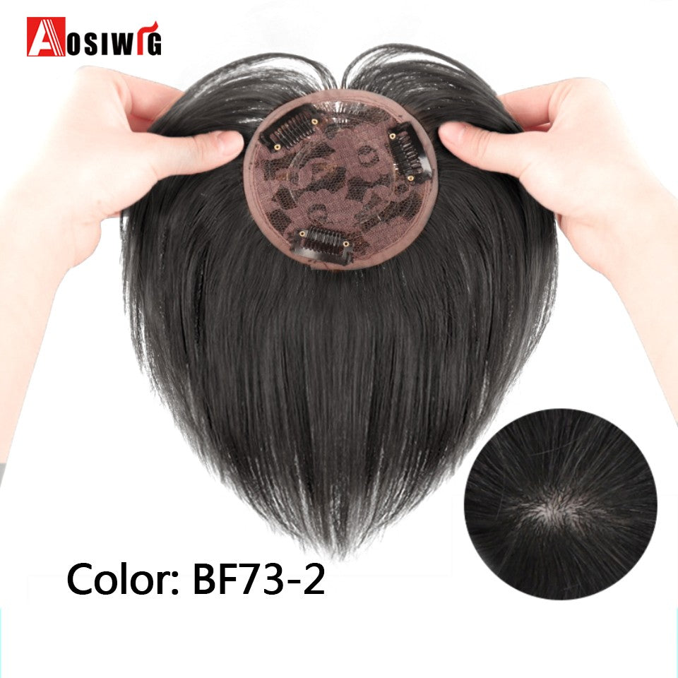 Perucas de cabelo encaracolado sintético AOSI castanho preto, substituição de extensões de cabelo tipo topete, apliques femininos com franja