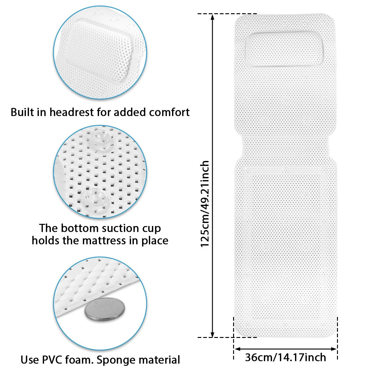 Non-slip Bathtub Cushion Mat with Suction Cup Full Body Rest Bath Pillow SPA Neck Cushion Hangable Bathroom Safety Accessories