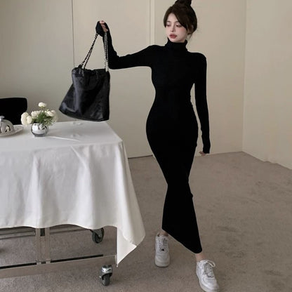 Sexy Black Turtleneck Knitted Bodycon Dress Women Autumn Winter Long Sleeve Sweater Dress Woman Korean Bottoming Long Dresses