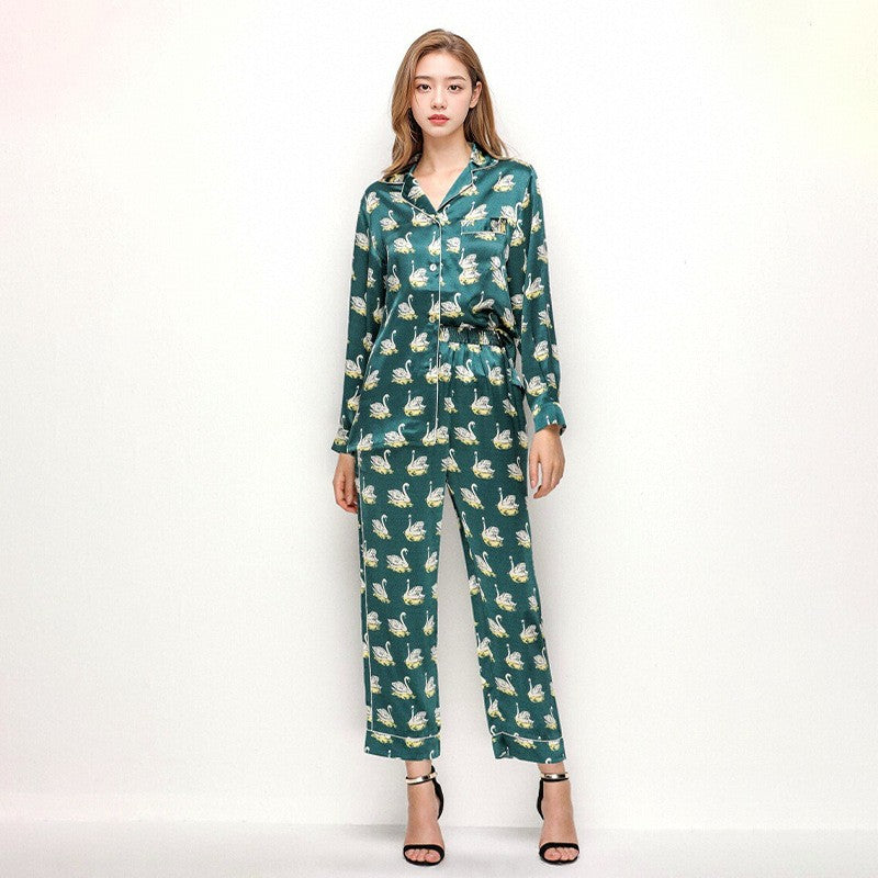 Printed Pure Silk Long Sleeve Pajamas Button Down 100% Mulberry Silk Pijamas Suit Women's Homewear Sleepwear 2 Piece Pajama Set