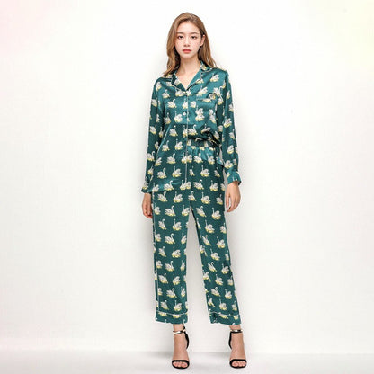 Printed Pure Silk Long Sleeve Pajamas Button Down 100% Mulberry Silk Pijamas Suit Women's Homewear Sleepwear 2 Piece Pajama Set