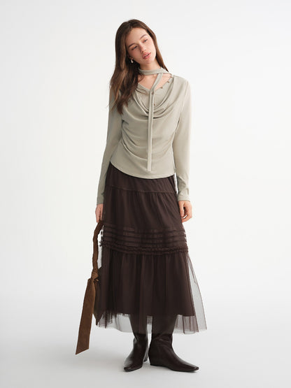 DUSHU Three-color Ruffled Mesh Skirt Women Pleated Mesh Straight Skirt Fairy Retro Gothic Cool Girls Elastic Waist Loose Fit