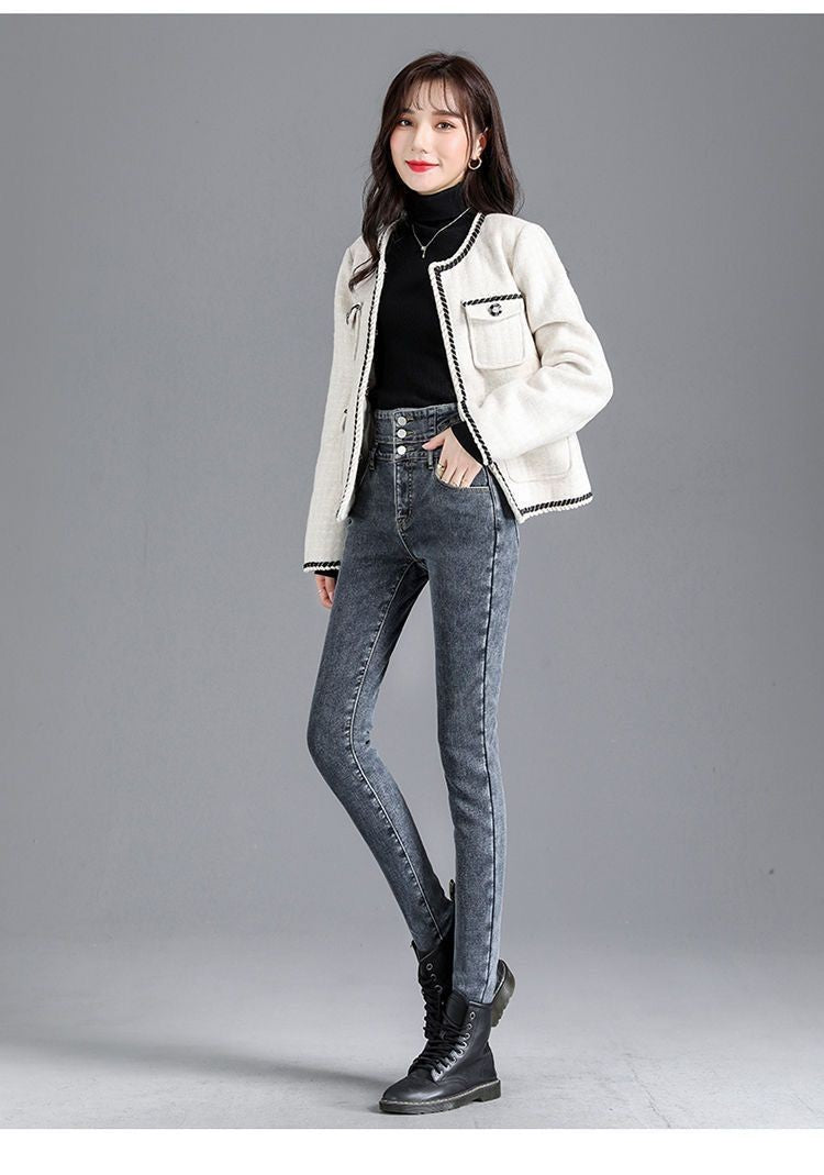 High Waist Slim Fit Fleece Lined Thickened Pencil Long Jeans Women's Autumn Winter New Style Fashionable And Elegant