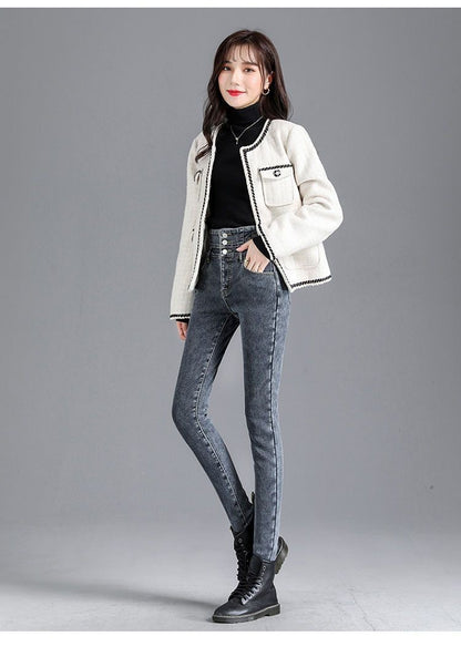 High Waist Slim Fit Fleece Lined Thickened Pencil Long Jeans Women's Autumn Winter New Style Fashionable And Elegant