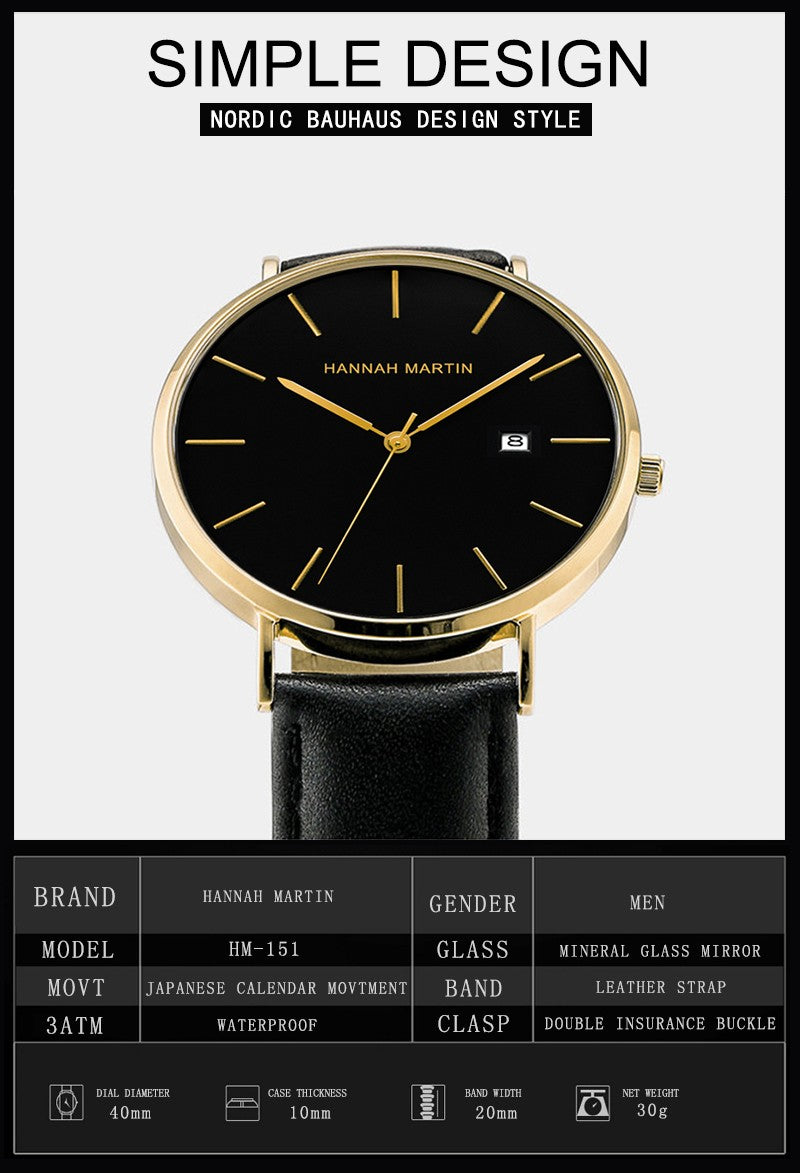 Classic Bauhaus Design Men Watch Dark Blue  Japan Quartz Waterproof Stainless Steel Fashion Business Calendar Ultra Thin Watches