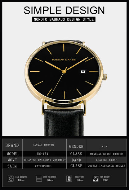 Classic Bauhaus Design Men Watch Dark Blue  Japan Quartz Waterproof Stainless Steel Fashion Business Calendar Ultra Thin Watches