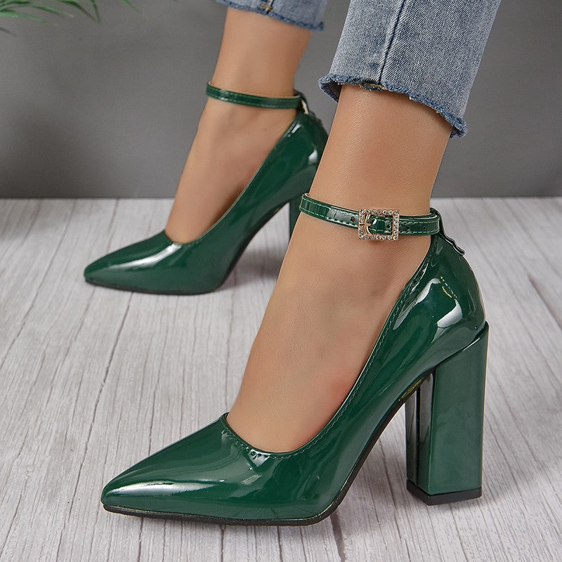 Black 10cm Super High Heel Pumps Women Shoes Pointed Toe Fashion Crystals Pearl Pendant Pimp Buckle Patent Leather Big Size 50