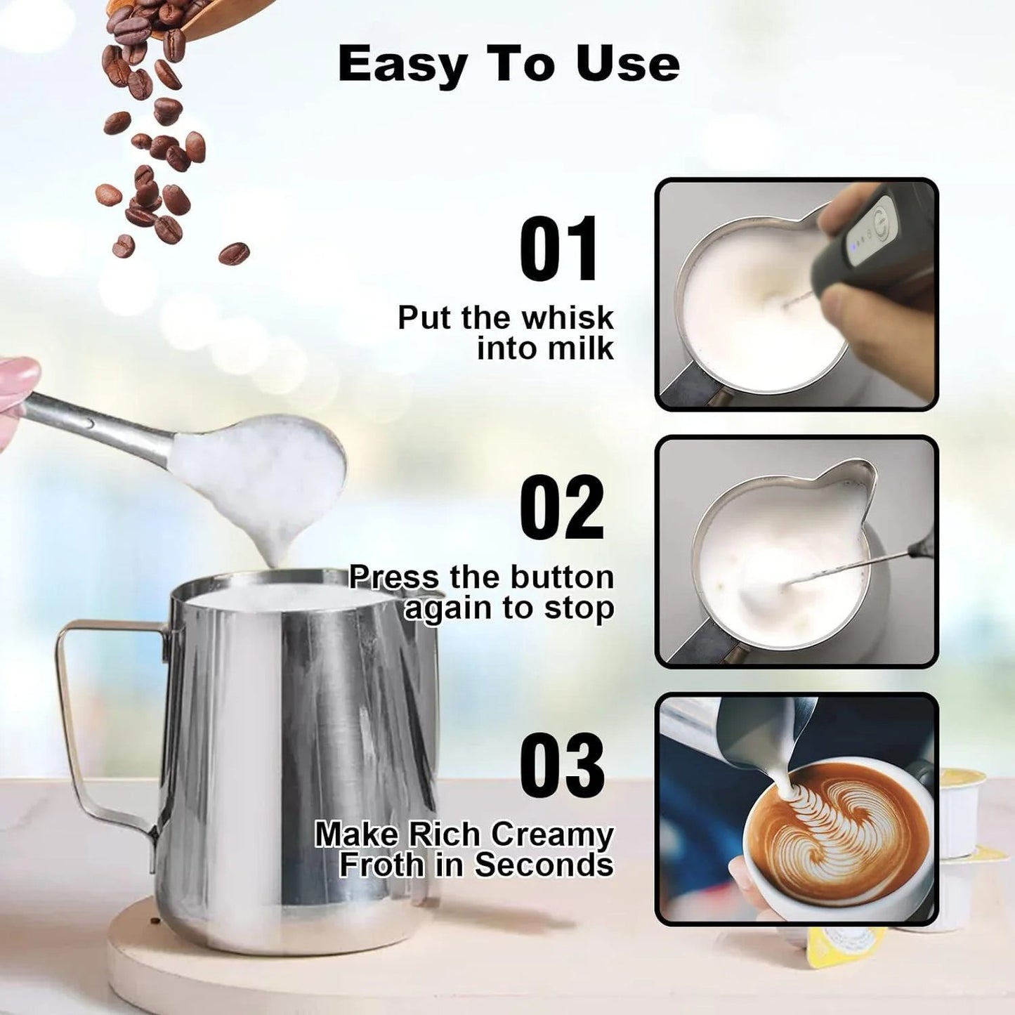 Handheld milk frother, coffee machine, portable egg beater, rechargeable 3-speed beverage jam machine, kitchen food mixer