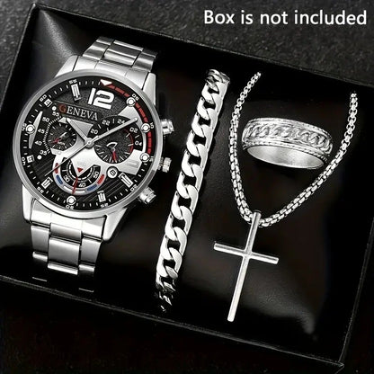 4pcs Luxury Men Business Quartz Watch Gold Alloy Roman with Calendar Wrist Watch Cross Necklace Bracelet Ring Set Men's Gift