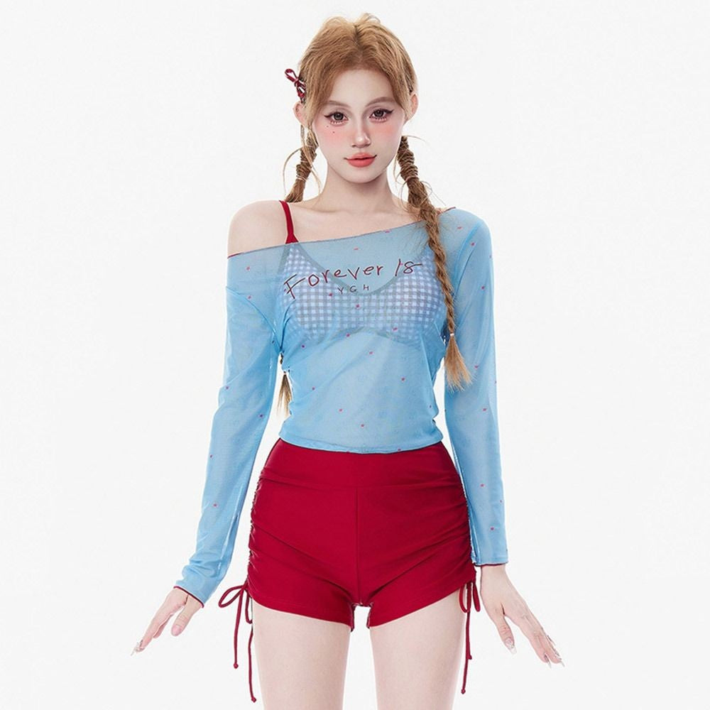 4Pcs/Set Summer Y2k Women's Swimsuit Dopamine Long Sleeve Bikini Set Hot Spring Swimming Sun-proof Crop Tops