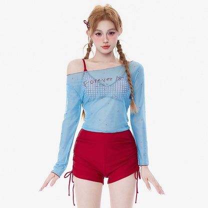 4Pcs/Set Summer Y2k Women's Swimsuit Dopamine Long Sleeve Bikini Set Hot Spring Swimming Sun-proof Crop Tops