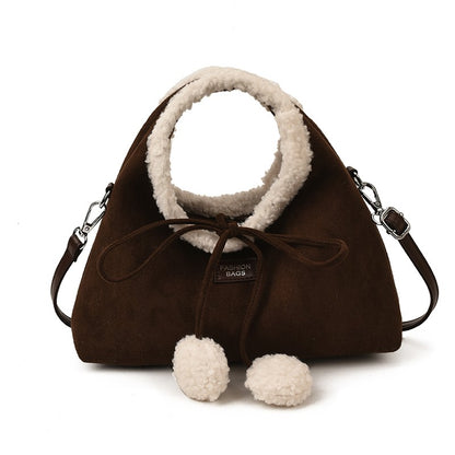 Faux Suede Solid Color Bow Hairy Cute Women's Handbags Christmas Gift Giving Fashion Bags 2025 Autumn/winter New Shoulder Bags