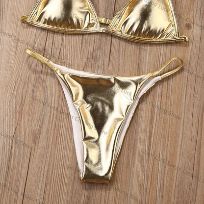 Women Sexy Thong Bikini Set Silver Gold Sequinis Biquini Swimwear 2025 Summer Push Up Padded Bra Bathing Suit Beach Wear