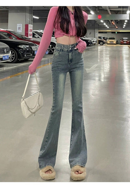 High Waist Fce Lined Thiened Autumn Winter American Bla ey Micro Flared Jeans Women Slimming Legging  Hoof Pants