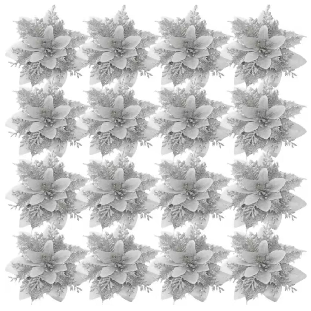 Large Glitter Artificial Christmas Flowers with Clips DIY Fake Flower Xmas Tree Ornaments for Home New Year Decoration Supplies