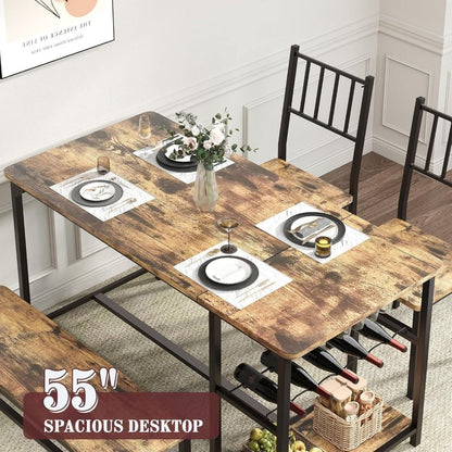 Dining Table Set for 4 with Chairs and Bench, 55" Kitchen Table Chairs Set of 4 with Wine Rack, Wine Glasses Holder, Small Dini