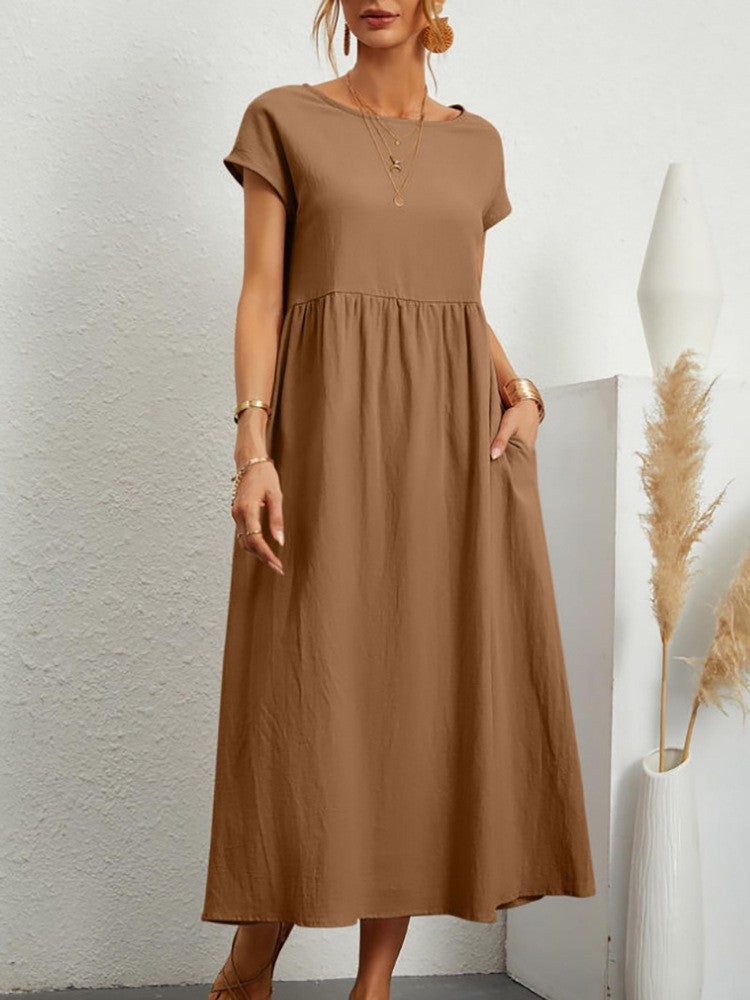 Women Vintage Solid Dress 2023 Summer Elegant O Neck Short Sleeve Cotton Linen D