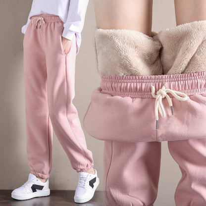 ??Women's Fleece Lined Joggers Winter Plush Pants High Waist Adjustable Drawstring Lounge Street Comfortable Casual Trousers??