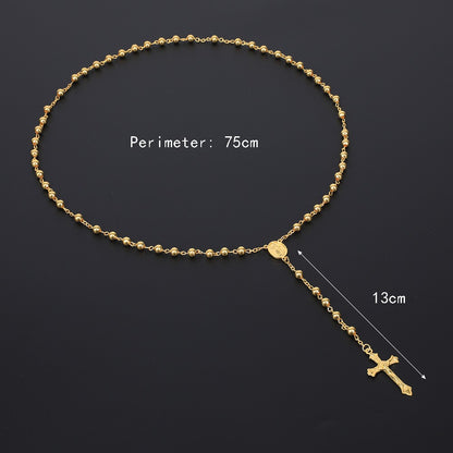 Colar Terço Cor Prata Para Mulheres Homens Miçangas De Metal De 6MM Corrente Longa Pingente Cruz Crucifixo Joia Religiosa Para Festa Presente