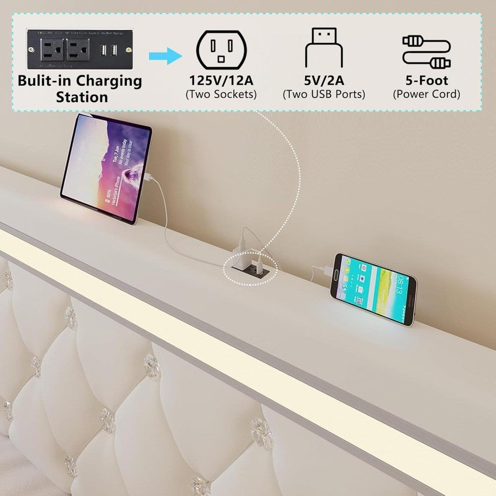 Bed Frame Full Size with LED Light and Storage Drawers, Adjustable Headboard with PU Leather Upholstered, 2 Sockets and 2 USB