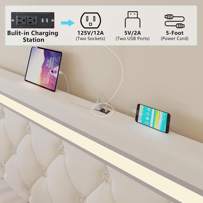 Bed Frame Full Size with LED Light and Storage Drawers, Adjustable Headboard with PU Leather Upholstered, 2 Sockets and 2 USB