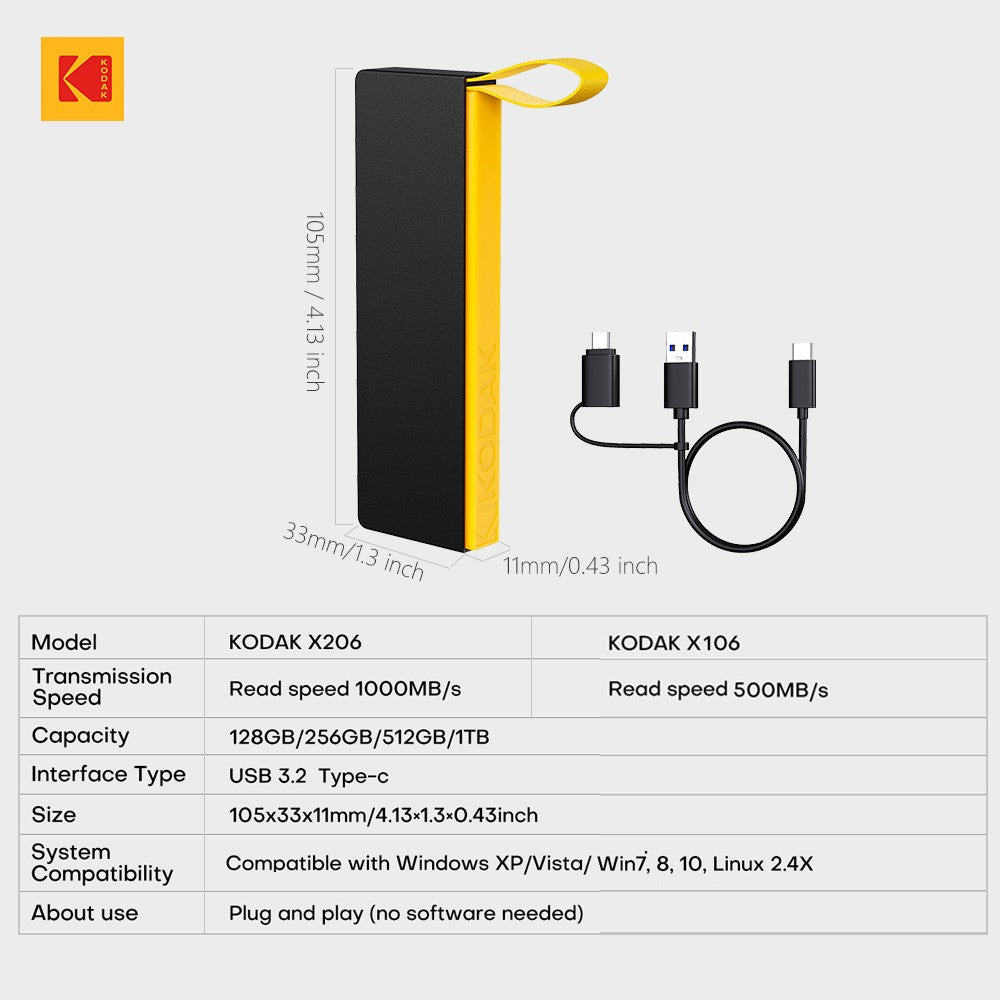 kodak SSD Externo 2tb 1tb 1000Mb/s 500Mb/s Disco SSD Externo Portátil 256gb Para Laptops Smartphone