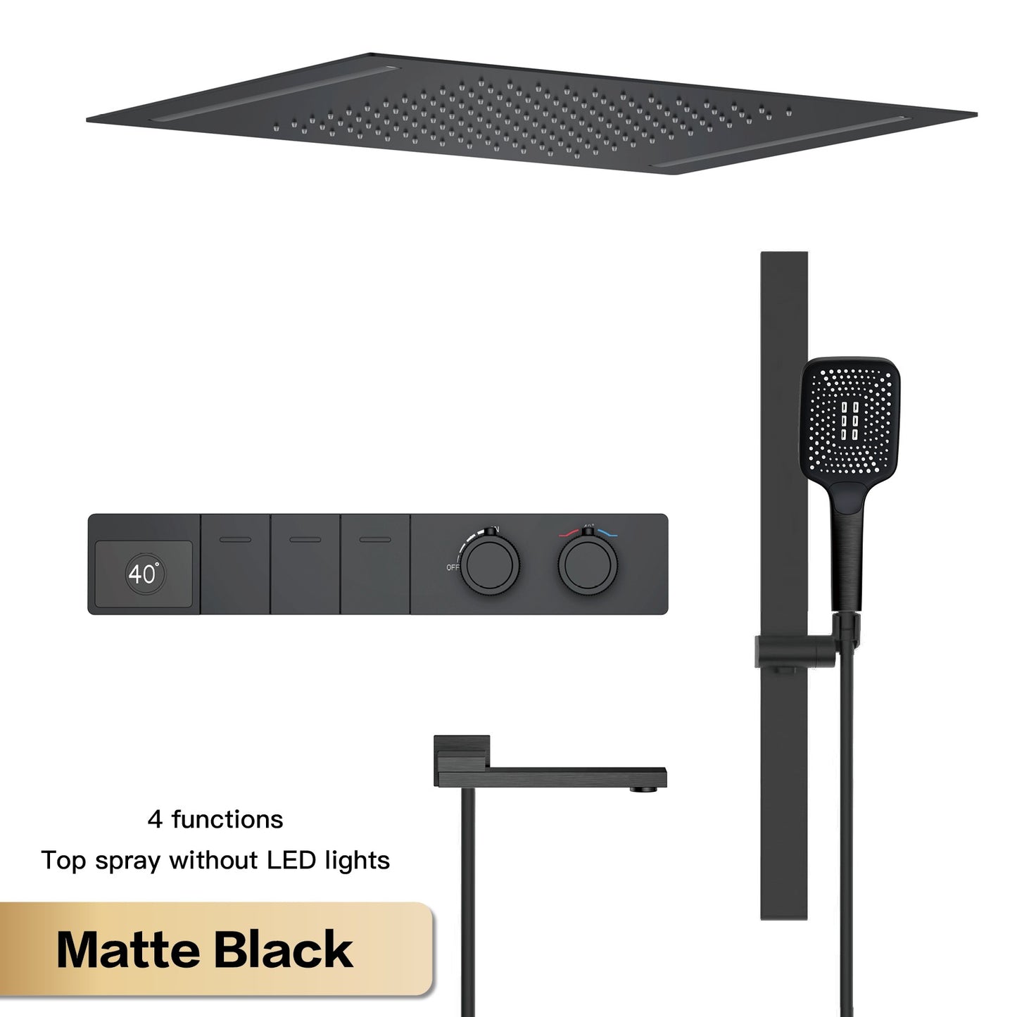 Sistema de chuveiro de teto luxuoso em latão cinza escuro com temperatura constante e display digital LED de água quente e fria, torneira de banheiro embutida