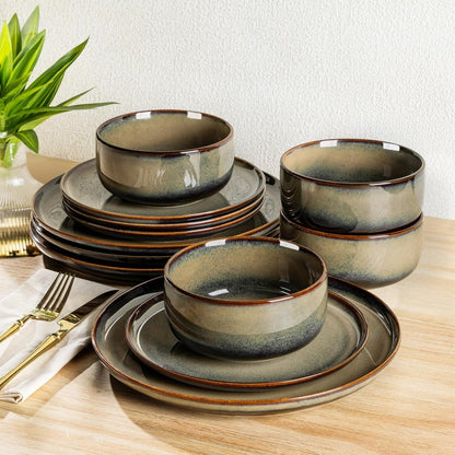 Handcrafted Terra Ceramic Dinnerware Set for 4, 12-Piece Reactive Glaze Plate and Bowl Set, Scratch-Resistant, Oven-Safe Dishwar