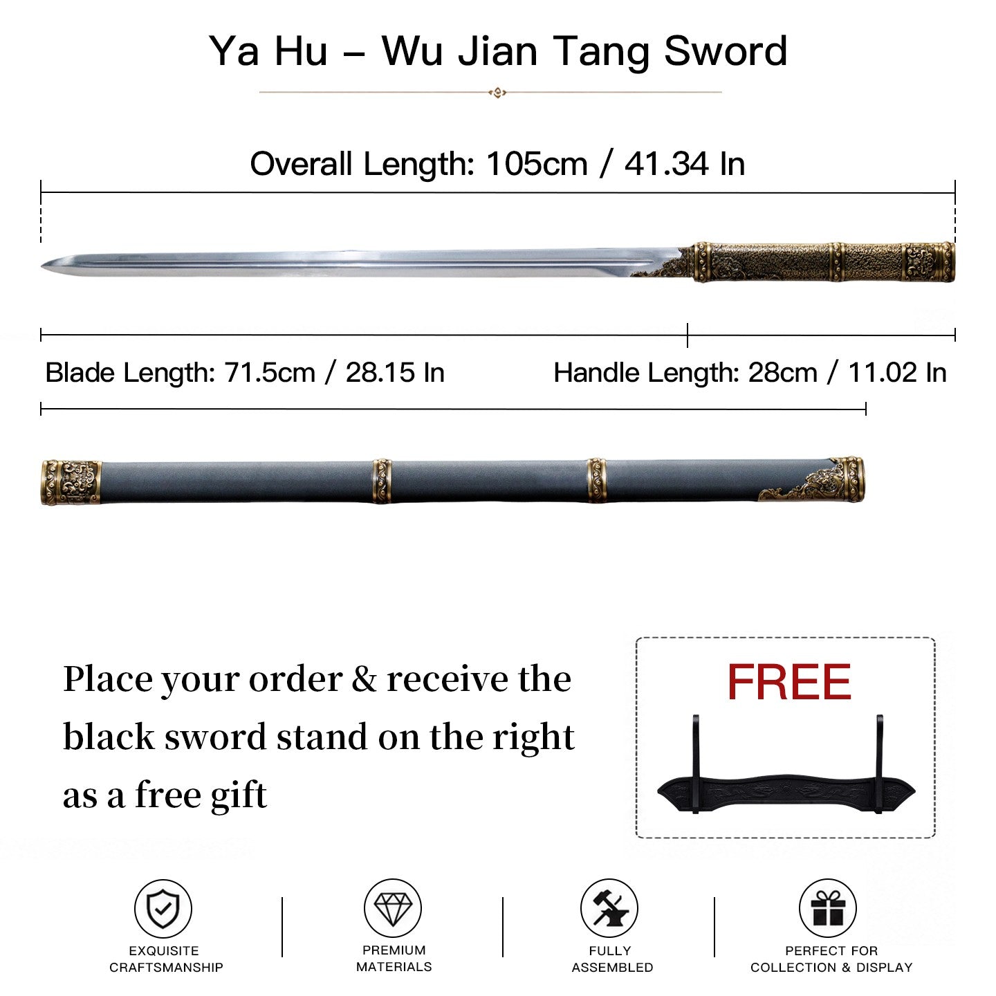 Classic Tang Dynasty Straight Sword Plain Polished Blade Matte Black Scabbard Traditional Tang Dynasty Jian Collectible Sword