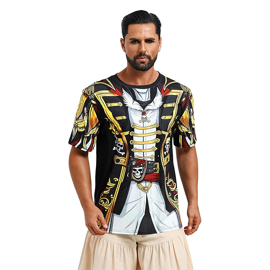 Men Medieval 3D Printed Pirate Costume T Shirt Short Sleeve Crew Neck Halloween Cosplay Vintage Captain Tops Male Holiday Appare