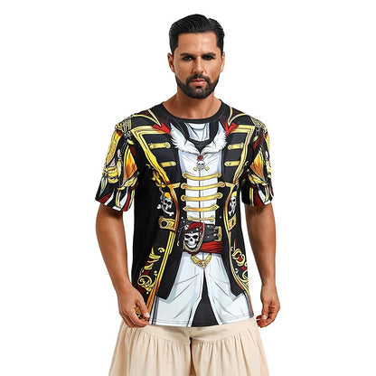 Men Medieval 3D Printed Pirate Costume T Shirt Short Sleeve Crew Neck Halloween Cosplay Vintage Captain Tops Male Holiday Appare