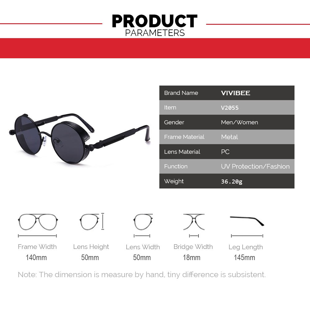 VIVIBEE Vintage Steampunk Red Sunglasses Men Round Punk Alloy Metal Retro Sun Glasses Women 2025 Goggles Gothic Style Shades