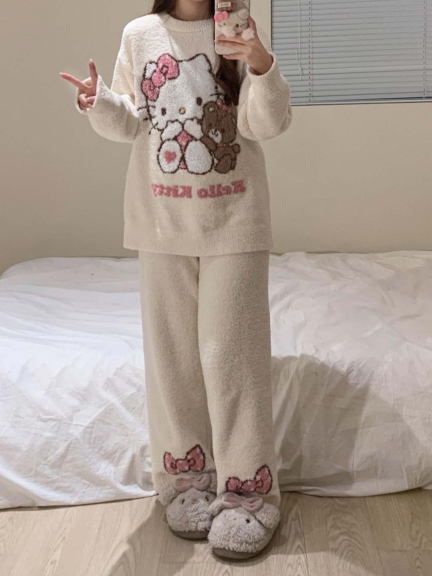 Hello Kitty Women's 2025 Kawaii Brushed Fleece Pajama Set Fall Winter Plush Thermal Cozy Sleepwear & Home Loungewear