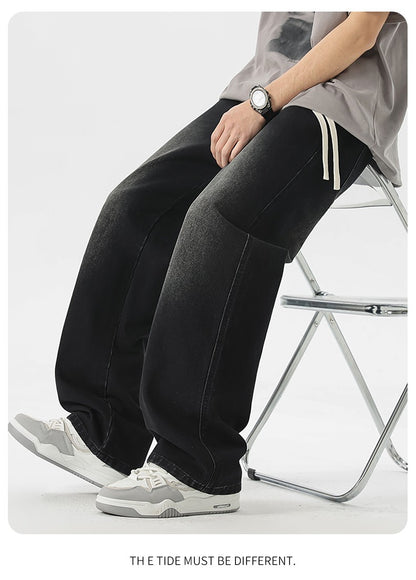 Calça Jeans Masculina Americana Solta Perna Larga Reta Casual Street Hip-hop Folgada Jeans Preto Cinza Azul Streetwear Masculino