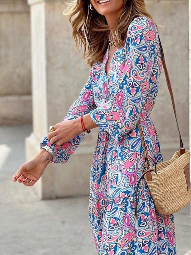 Women's Autumn New Fashionable Printed Sexy V-neck Long Sleeve High Waist Elasti