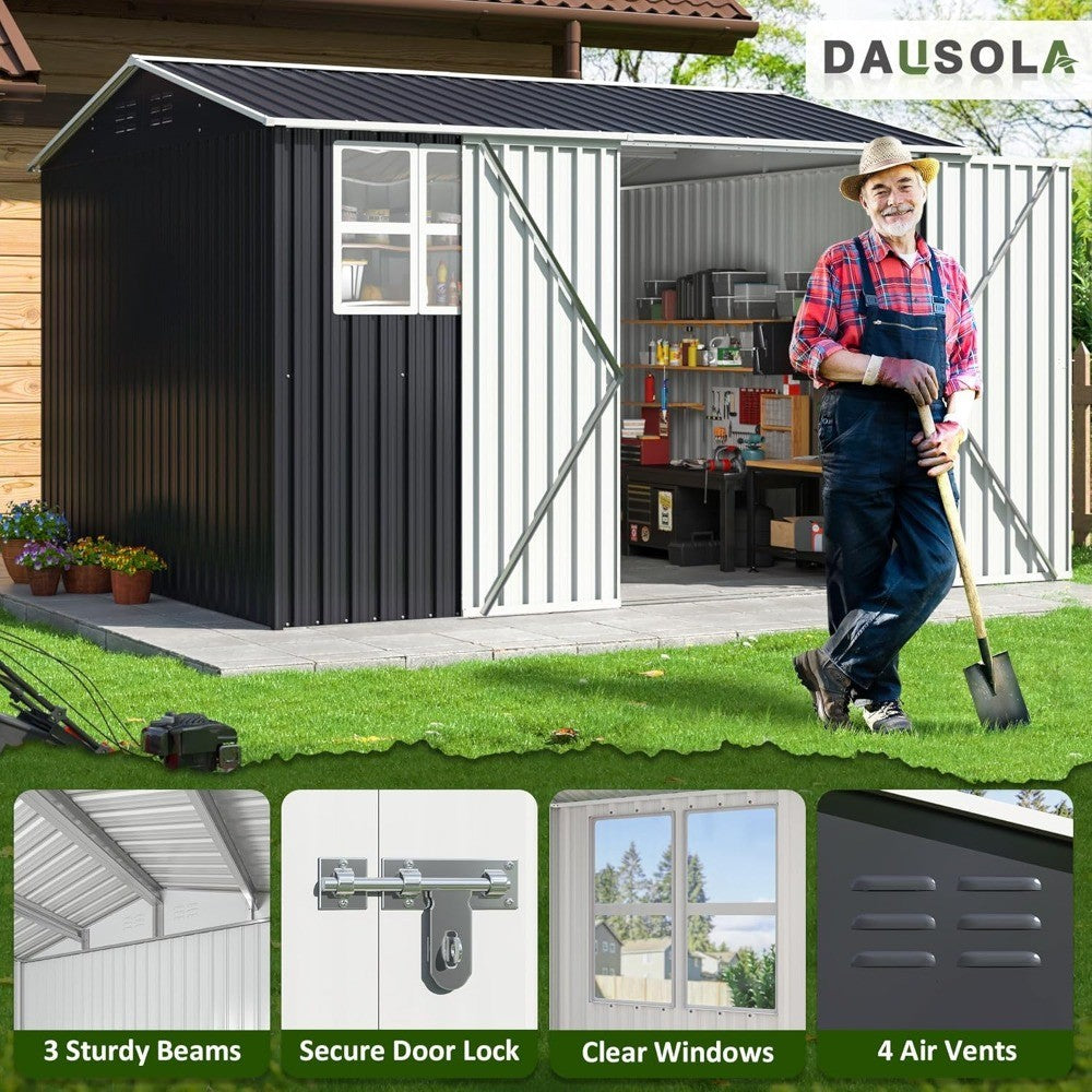 10x10 FT Outdoor Storage Shed, Metal Garden Tool Shed with Updated Frame Structure, Lockable Doors and Windows, Ideal